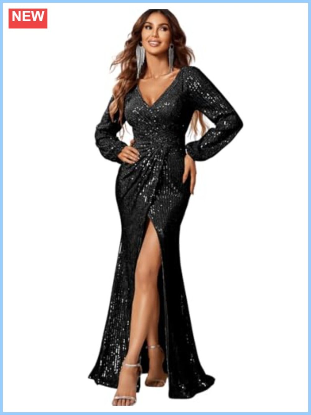 Long Sleeve V Neck Sequin Formal Evening Gown Party Dress